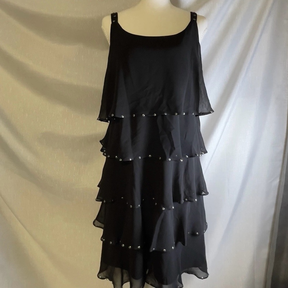 Robbie Bee Black Tiered Mini Dress with Rhinestone Accents